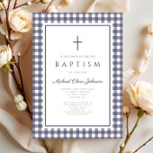 Elegant Navy Blue Gingham Boy Baptism 招待状