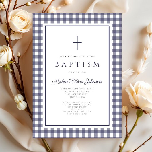 Elegant Navy Blue Gingham Boy Baptism 招待状