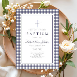 Elegant Navy Blue Gingham Boy Baptism 招待状