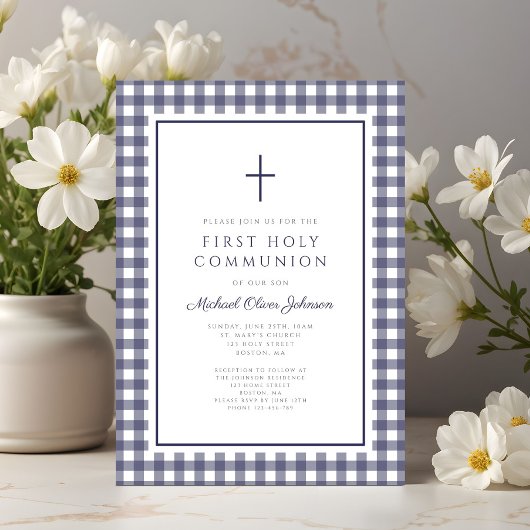 Elegant Navy Blue Gingham Boy First Communion 招待状