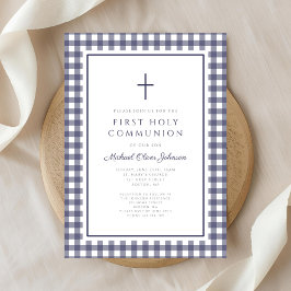 Elegant Navy Blue Gingham Boy First Communion 招待状