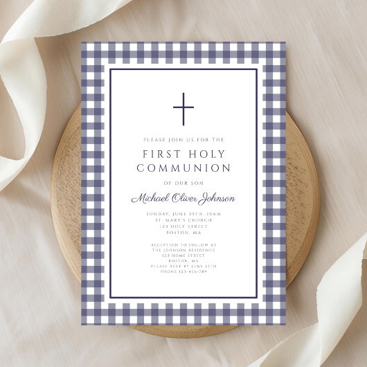 Elegant Navy Blue Gingham Boy First Communion 招待状