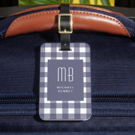Elegant Navy Blue Gingham Monogram ラゲッジタグ