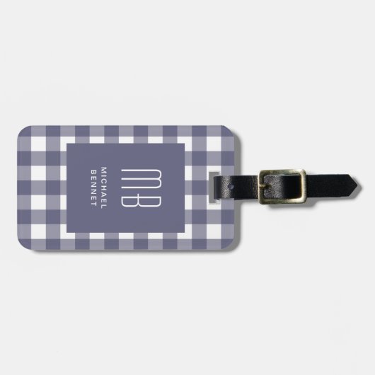 Elegant Navy Blue Gingham Monogram ラゲッジタグ (正面横)