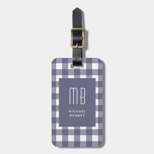 Elegant Navy Blue Gingham Monogram ラゲッジタグ (正面縦)