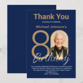 Elegant Navy Blue Gold 80th Birthday  サンキューカード (正面/裏面)