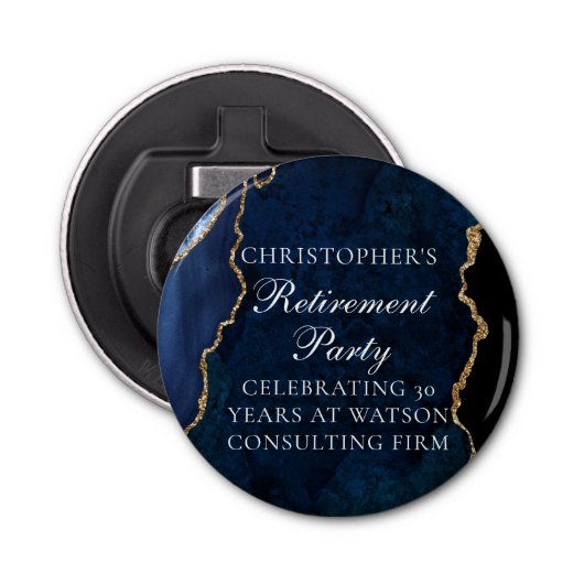 Elegant Navy Blue Gold Agate Retirement Party 栓抜き (正面)