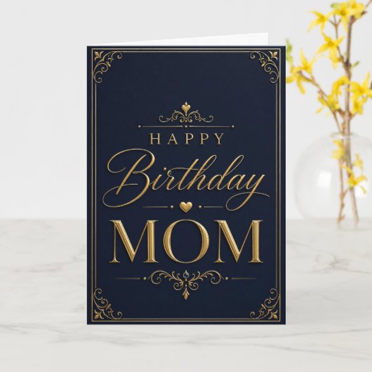 Elegant Navy Blue & Gold Birthday Card for Mom カード (黄色い花)