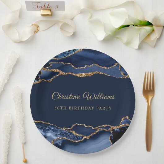 Elegant Navy Blue & Gold Birthday Party Decoration ペーパープレート (ウェディング)