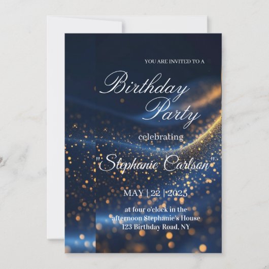 Elegant Navy Blue & Gold Birthday Party Invitation 招待状 (正面)