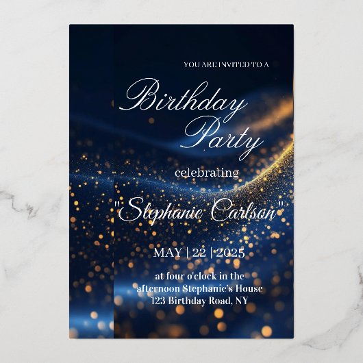 Elegant Navy Blue & Gold Birthday Party Invitation 箔招待状 (正面)
