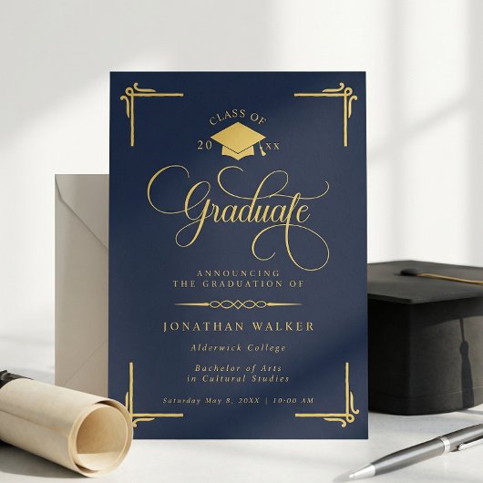 Elegant Navy Blue Gold College Graduation 案内状