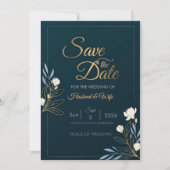 Elegant Navy Blue Gold Floral Save the Date Card (正面)