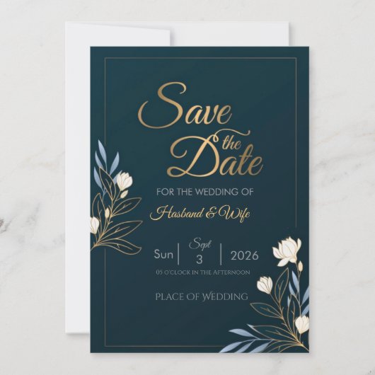 Elegant Navy Blue Gold Floral Save the Date Card (正面)