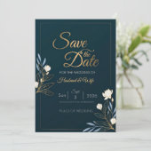 Elegant Navy Blue Gold Floral Save the Date Card (スタンド正面)
