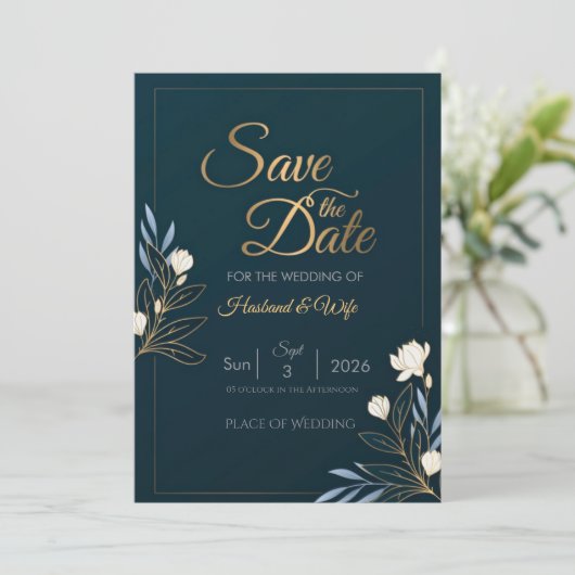 Elegant Navy Blue Gold Floral Save the Date Card (スタンド正面)