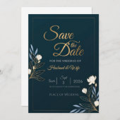 Elegant Navy Blue Gold Floral Save the Date Card (正面/裏面)