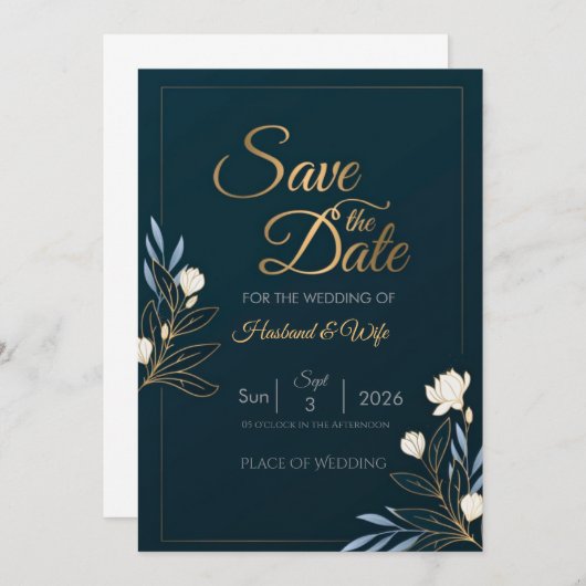 Elegant Navy Blue Gold Floral Save the Date Card (正面/裏面)