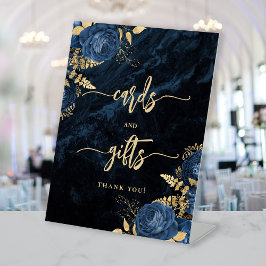 Elegant Navy Blue Gold Floral Wedding Cards Gifts 台座サイン