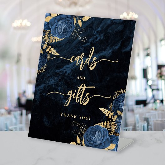 Elegant Navy Blue Gold Floral Wedding Cards Gifts 台座サイン