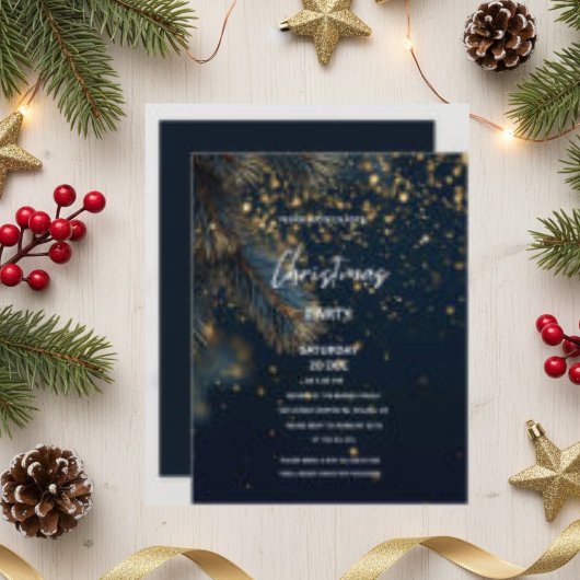 Elegant Navy Blue & Gold Glitter Party Christmas 招待状
