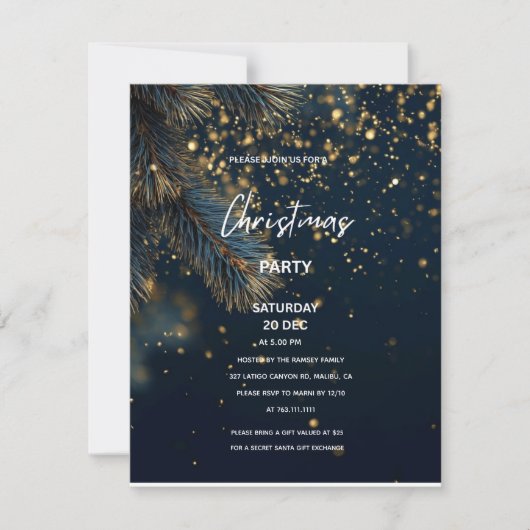 Elegant Navy Blue & Gold Glitter Party Christmas 招待状 (正面)