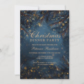 Elegant Navy Blue Gold Lights Pine Party Christmas 招待状 (正面)