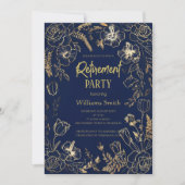 Elegant Navy Blue Gold Line Art Floral Retirement  招待状 (正面)