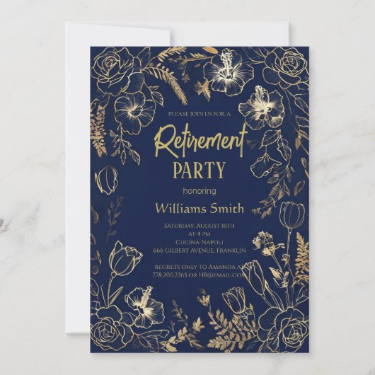 Elegant Navy Blue Gold Line Art Floral Retirement  招待状 (正面)