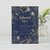 Elegant Navy Blue Gold Line Art Floral Retirement  招待状 (スタンド正面)