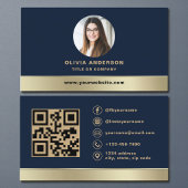 Elegant Navy Blue Gold Logo QR Code Photo 名刺