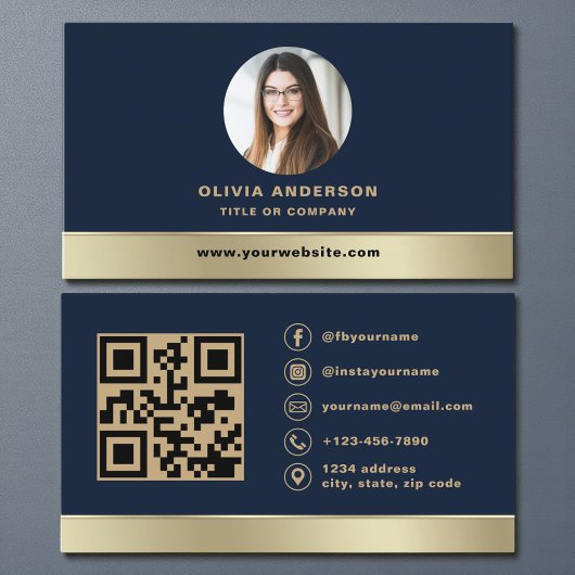 Elegant Navy Blue Gold Logo QR Code Photo 名刺