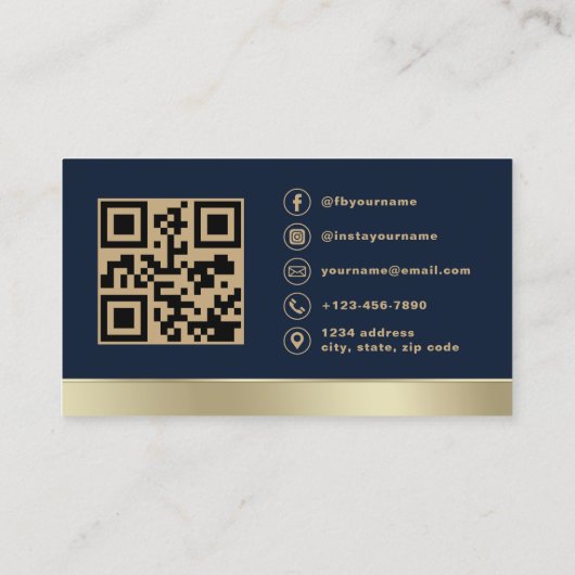 Elegant Navy Blue Gold Logo QR Code Photo 名刺 (裏面)