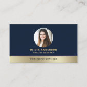 Elegant Navy Blue Gold Logo QR Code Photo 名刺 (正面)