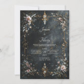 Elegant Navy Blue Gold Pink Floral Night Wedding 招待状 (正面)