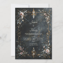 Elegant Navy Blue Gold Pink Floral Night Wedding 招待状