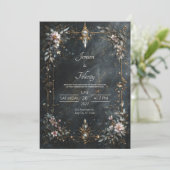 Elegant Navy Blue Gold Pink Floral Night Wedding 招待状 (スタンド正面)