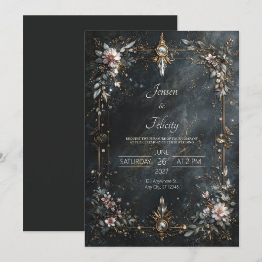 Elegant Navy Blue Gold Pink Floral Night Wedding 招待状 (正面/裏面)