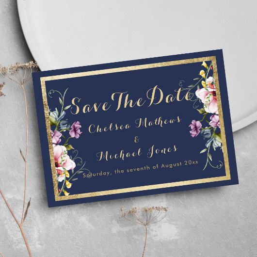 Elegant navy blue gold pink floral Save The Date セーブザデート