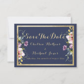 Elegant navy blue gold pink floral Save The Date セーブザデート (正面)