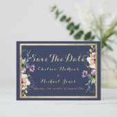 Elegant navy blue gold pink floral Save The Date セーブザデート (スタンド正面)