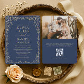 Elegant Navy Blue Gold QR Code Photo Wedding 招待状