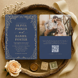 Elegant Navy Blue Gold QR Code Photo Wedding 招待状