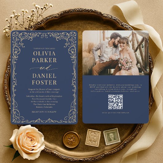 Elegant Navy Blue Gold QR Code Photo Wedding 招待状
