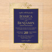 Elegant Navy Blue & Gold Stylish Text Posh Wedding アクリル招待状 (正面)