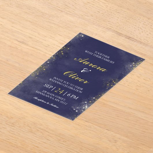 Elegant Navy Blue & Gold Wedding Invitation アクリル招待状 (レイダウン)