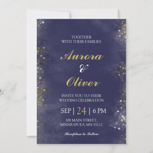 Elegant Navy Blue & Gold Wedding Invitation 招待状 (正面)