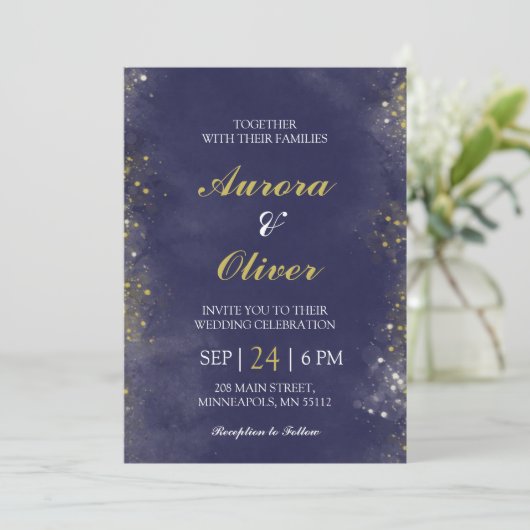 Elegant Navy Blue & Gold Wedding Invitation 招待状 (スタンド正面)