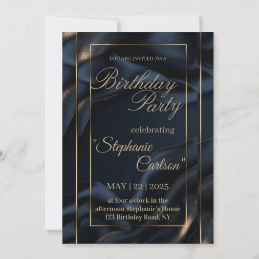 Elegant Navy Blue & Gold Wedding Invitation 招待状 (正面)