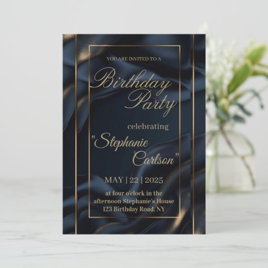 Elegant Navy Blue & Gold Wedding Invitation 招待状 (スタンド正面)